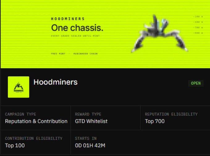 A promotional banner for the Hoodminers cryptocurrency project, advertising 'One chassis' with a Free Mint on the Robinhood Chain and showing a countdown of 0D 01H 42M remaining.