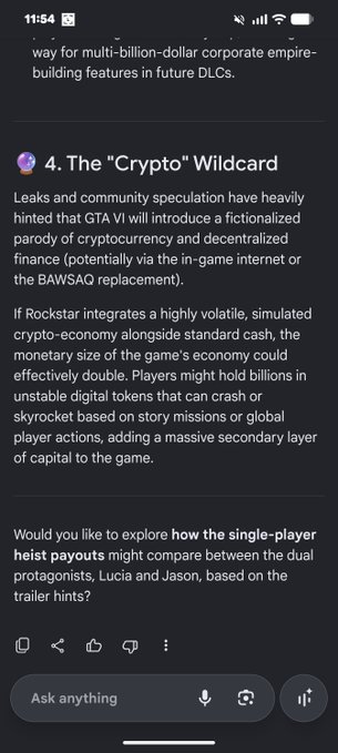 A mobile chat screenshot discussing 'The Crypto Wildcard' and speculation about cryptocurrency in GTA VI, mentioning potential parody of cryptocurrency and decentralized finance via the BAWSAQ replacement, with a follow-up question about heist payouts for protagonists Lucia and Jason.