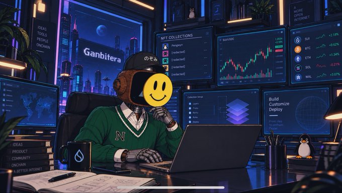 A digital artwork of a person with a smiley face and headphones working on a laptop in a dark room filled with monitors displaying NFT collections, trading charts, and the text 'Ganbitera' and 'NFT COLLECTIONS'.