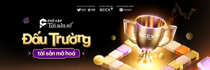 Vietnamese promotional banner for 'Đấu Trường Tài Sản Số' (Digital Asset Arena) featuring an SCCX trophy and Vietnamese text.
