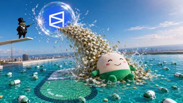 A cartoonish mascot with a smiling face bursts out of a pool in a geyser of water and gold coins, while a diver on a diving board watches nearby. The Binance logo appears prominently in the splash, tying the meme-style scene to the cryptocurrency exchange mentioned in the caption's reference to "Binance" and "Pumpfun."