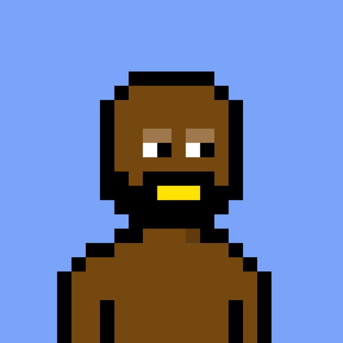 A simple pixel art portrait of a dark-skinned man with a beard wearing a brown top against a blue background.