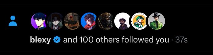 A social media notification shows that "blexy" (verified) and 100 others followed the user 37 seconds ago, visually connecting to the post celebrating small-account support and gratitude toward CTNG.