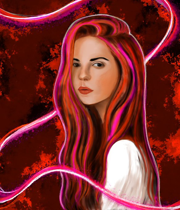 A digital illustration of a woman with long reddish hair surrounded by swirling pink neon light ribbons against a dark red textured background.