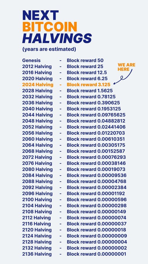 An infographic titled 'NEXT BITCOIN HALVINGS' showing estimated years and block rewards, highlighting '2024 Halving - Block reward 3.125' with a note 'WE ARE HERE'.