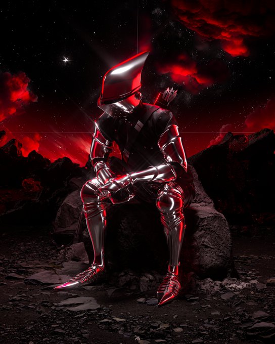 A futuristic figure in reflective metallic armor and helmet sits hunched on a rock against a dramatic, starry red and black cosmic background.