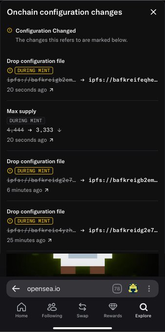 A mobile screenshot of onchain configuration changes on opensea.io showing multiple 'Drop configuration file' updates with IPFS links and a max supply change from 4,444 to 3,333.