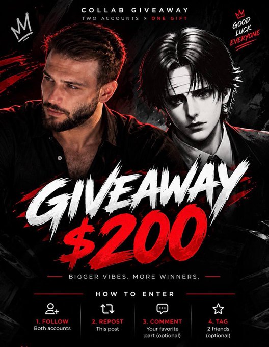 A dramatic black, white, and red promotional graphic announces a “COLLAB GIVEAWAY” and “GIVEAWAY $200,” featuring portraits of a man and a stylized illustrated man; it also says “GOOD LUCK EVERYONE” and “BIGGER VIBES. MORE WINNERS.” The entry instructions read: “1. FOLLOW Both accounts,” “2. REPOST This post,” “3. COMMENT Your favorite part (optional),” and “4. TAG 2 friends (optional),” aligning with the accompanying $200 SOL giveaway post for @mockerbey.