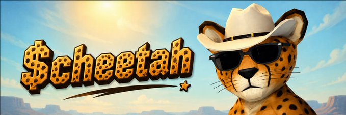 A cartoon cheetah wearing a cowboy hat and sunglasses appears next to the stylized text '$cheetah' against a desert backdrop with a bright sun.