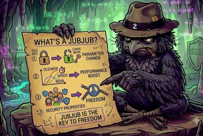 An illustrated cartoon of a grim, smoking bird-like creature wearing a hat labeled 'Z' holding a scroll titled 'WHAT'S A JUBJUB?' that illustrates a cryptographic concept showing 'OLD KEY', 'CHAVE NOVA', and 'PARAMETER CHANGE' leading to 'PERFORMANCE BOOST' and 'FREEDOM'.