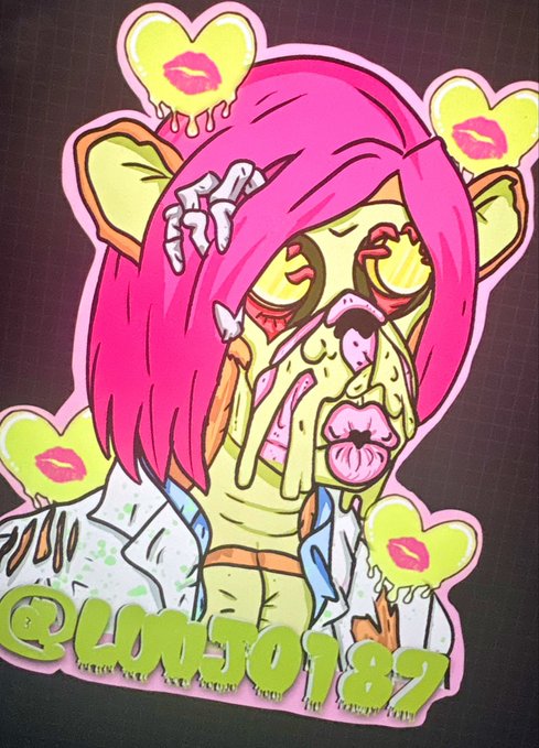 A vibrant pop-art style illustration of a zombie-like figure with bright pink hair, yellow heart-shaped eyes, and a melting face, featuring the text '@LOUI50187' at the bottom.