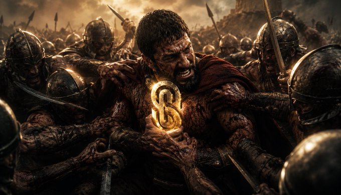 A dramatic fantasy artwork of a battle scene featuring a central warrior with a golden 'S' symbol on his chest, surrounded by soldiers in medieval combat with spears and shields under a stormy sky.