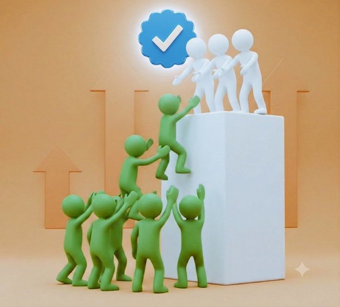 3D-rendered green figures climb a human ladder to help white figures reach a blue checkmark of approval, symbolizing community growth and mutual support—mirroring the post's message of building an engaged network by following, interacting, and uplifting fellow creators.
