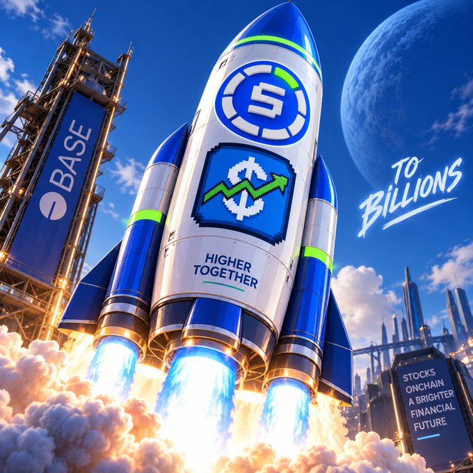 A blue and white rocket emblazoned with the Base logo and "Higher Together" text launches toward the moon against a futuristic cityscape, alongside the handwritten phrase "To Billions," visually amplifying the post's claim that Base is poised to dramatically expand its tokenized stock offerings beyond its current 10.