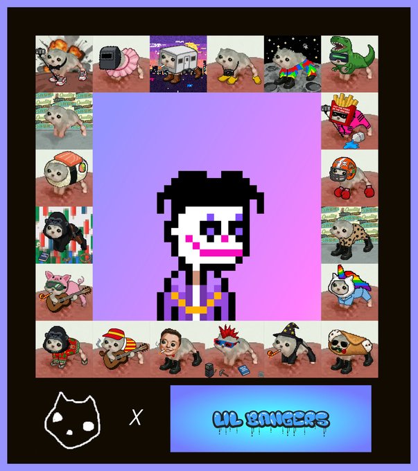 A promotional image featuring a pixel-art character with purple-streaked hair in the center, surrounded by a border of small animals (mostly cats and one T-Rex) wearing various costumes and accessories. The bottom includes a cat logo, an 'X', and a 'LIL SAUCERS' graffiti-style logo on a blue banner.