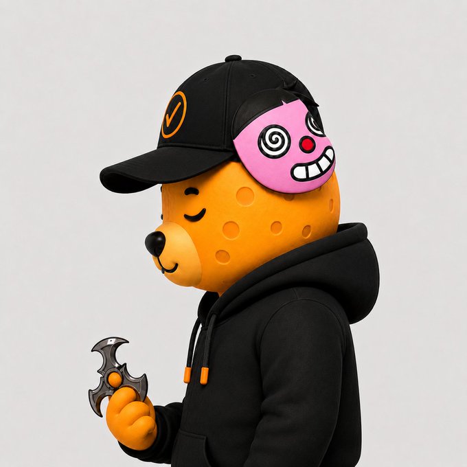 A cartoon orange bear character wearing a black hoodie and a black cap with an orange "W" logo holds a small bat-shaped weapon, while a pink mask with spiral eyes and a toothy grin sits atop its head. The bear's confident, almost mischievous expression and "wale mode" energy match the bullish, playful crypto vibe of the "GM Web3" Monday post.