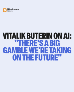 A promotional graphic from Bitcoin.com featuring a headline quote: "VITALIK BUTERIN ON AI: 'THERE'S A BIG GAMBLE WE'RE TAKING ON THE FUTURE.'" The image pairs with Vitalik Buterin's cautionary remarks on AGI as a potential "point of no return" that could end human dominance.