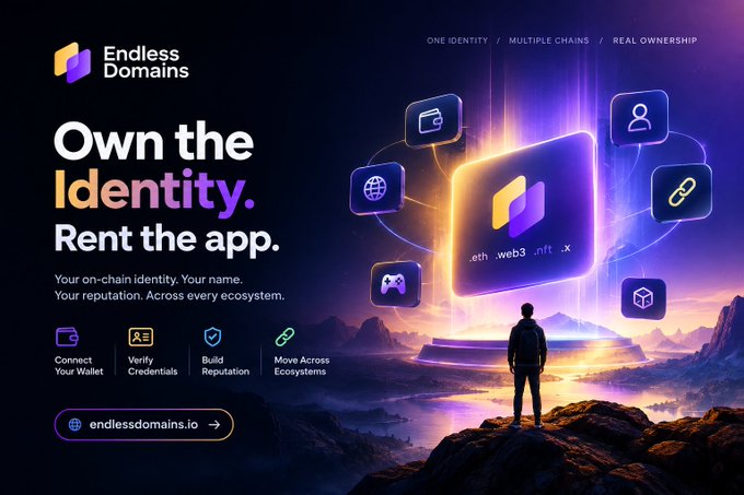 A promotional graphic for 'Endless Domains' features the tagline 'Own the Identity. Rent the app.' and highlights features like wallet connection, credential verification, and reputation building across ecosystems.