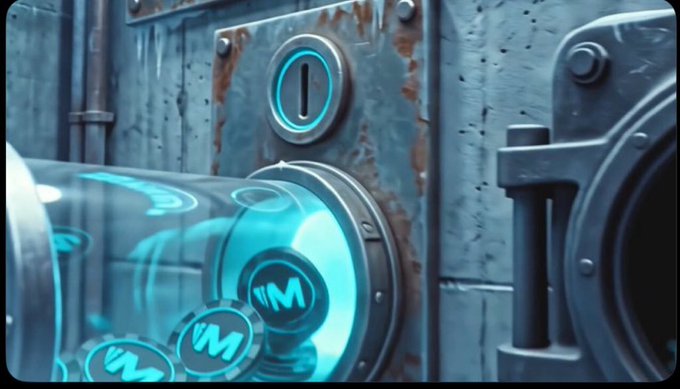 A stylized 3D-rendered image shows glowing cyan coin tokens with the 'WM' logo emerging from a circular vault slot in a rusted metal wall, suggesting cryptocurrency mining or security.