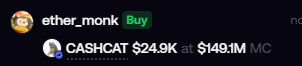 The image displays a distorted, glitch-style graphic featuring the text "Other Monk BSV" alongside a Bitcoin Cash (BCH) logo at the top, with "CASHCAT $2.4K" and "$CASHCAT INC" shown below. The content relates to the post about $CASHCAT by showcasing the token's branding and ticker in a stylized format, emphasizing the community's strong conviction in holding the asset.