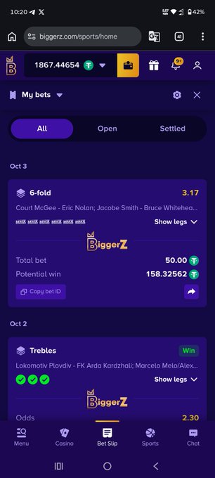 A mobile screenshot of the BiggerZ sports betting website shows a 6-fold bet on Court McGee-Eric Nolan; Jacobite Smith-Bruce Whitehead totaling 50.00 with a potential win of 158.32562, alongside a winning Trebles bet on Lokomotiv Plovdiv-FK Arda Kardzhali-Marcelo Melo/Alexander.