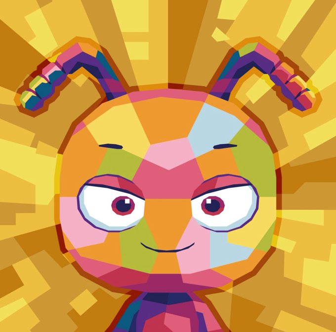 Colorful digital illustration of a character with multi-colored geometric face patches and curled antennae against a yellow radiant background.