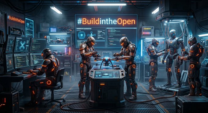 The image shows a group of people working together in a futuristic environment, likely a factory or workshop setting. They are wearing robot suits and appear to be engaged in some sort of collaborative activity. The room has multiple screens displaying information related to their work, indicating that they might be involved in technology-related tasks. There is also a sign on the wall that reads "BuildInTheOpen (#BuildInTheOpen #June3 #June2021)", suggesting that this image was taken during a specific date or event. The overall atmosphere of the scene suggests a sense of urgency and teamwork, as they work together to achieve their goals in this advanced environment.