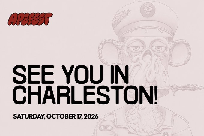 A promotional graphic for 'APEFEST' reading 'SEE YOU IN CHARLESTON!' on 'SATURDAY, OCTOBER 17, 2026', featuring a faded illustration of an ape character in a military-style hat.