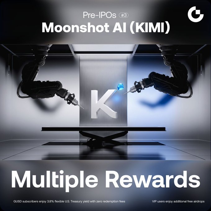 The image is a promotional graphic for "Pre-IPOs #3 Moonshot AI (KIMI)" featuring two robotic arms working on a metallic "K" logo in a sleek industrial setting, with "Multiple Rewards" displayed prominently at the bottom. Fine print details subscriber benefits including 3.8% flexible U.S. Treasury yield for GUSD subscribers and additional free airdrops for VIP users, visually reinforcing the post's message about the triple rewards program for subscribing to Moonshot AI's pre-IPO with GUSD.