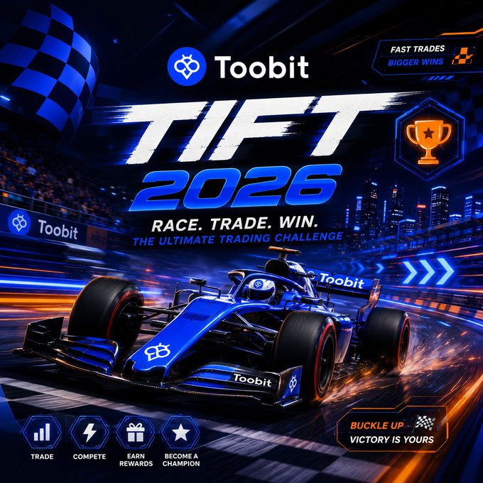 A promotional graphic for 'Toobit TIFT 2026' trading challenge featuring a blue Formula 1 race car, with text 'RACE. TRADE. WIN. THE ULTIMATE TRADING CHALLENGE' and options for Trade, Compete, Earn Rewards, Become a Champion.