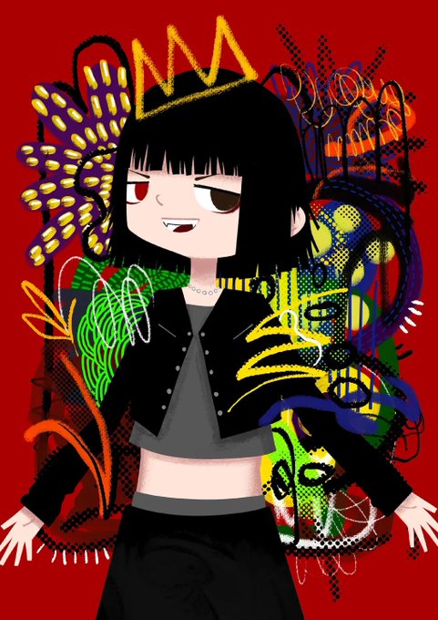 A digital illustration of a stylized character with black hair, wearing a black jacket over a gray top, posed against a vibrant red background covered in chaotic, colorful graffiti.