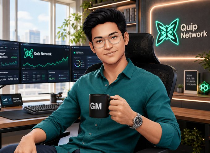 A stylized AI-generated image of a young man with glasses wearing a green shirt, holding a 'GM' mug, sitting in front of monitors displaying 'Quip Network' branding and a neon 'Quip Network' logo sign in the background.