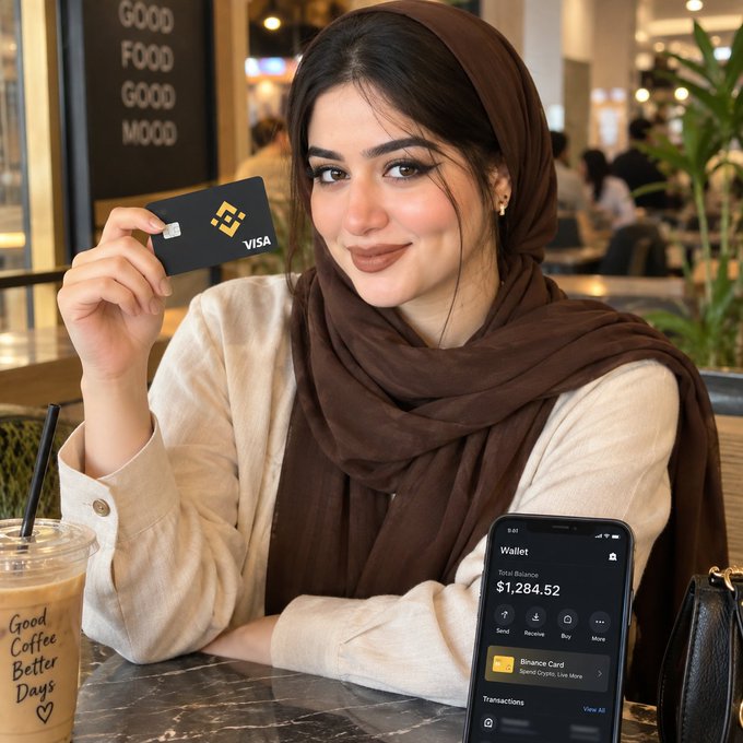 A young woman wearing a brown hijab sits in a cafe holding up a black Binance/Visa card while her phone displays a digital wallet showing a balance of $1,284.52, with a coffee cup reading "Good Coffee Better Days" beside her—visually illustrating how the Binance Card bridges cryptocurrency holdings to everyday purchases.