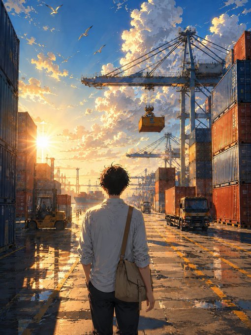 An anime-style illustration depicts a young man with dark hair and a messenger bag standing in a shipping port at sunset, looking out toward cranes and stacked shipping containers as a forklift operates nearby.