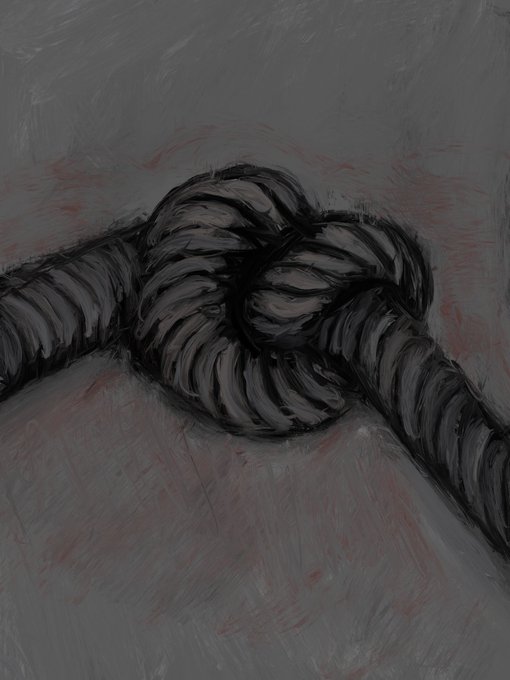 A digital sketch depicting a thick black rope tied in a knot against a textured gray background with reddish undertones.