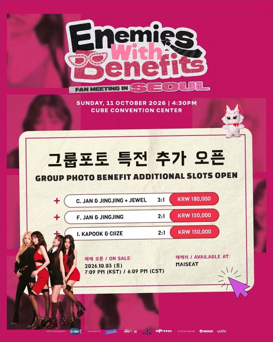 The promotional poster for "Enemies with Benefits" 1st Fan Meeting in Seoul (Sunday, October 11, 2026, 4:30 PM at CUBE Convention Center) announces group photo benefit additional slots priced from KRW 150,000–180,000, with pre-sale opening on 2026.10.03 at 7:09 PM KST/6:09 PM CST via MAISEAT, featuring three photo options including C. JAN & JINGJING + JEWEL (3:1), F. JAN & JINGJING (2:1), and I. KAPOOK & CHIZE (2:1).