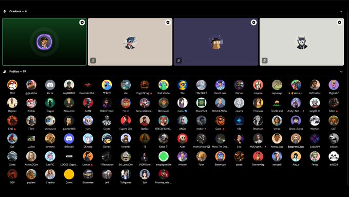 A screenshot of a Discord server interface showing multiple voice channels with active speakers and numerous members listed below.