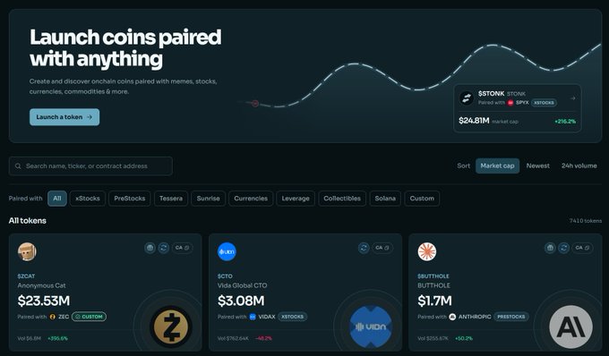A screenshot of a cryptocurrency token launch platform with the headline 'Launch coins paired with anything' showing tokens like $ZCAT ($23.53M), $GTO ($3.08M), and $RUTHOLE ($1.7M).