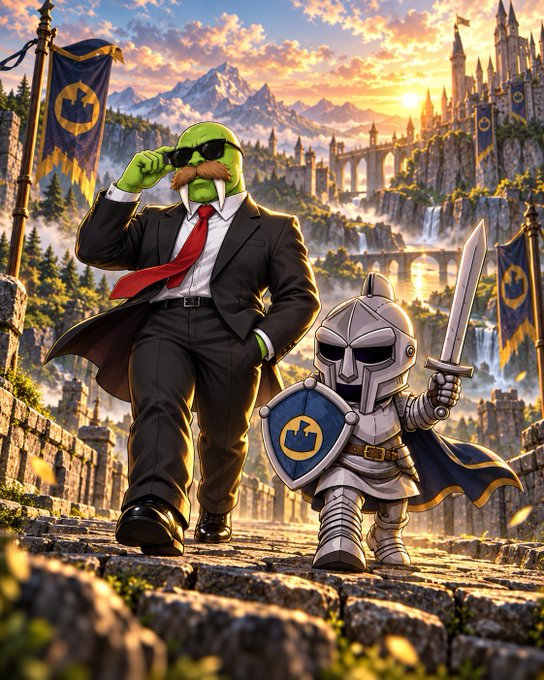 A fantasy illustration showing a green orc-like character in a black suit with sunglasses and red tie walking alongside a small armored knight with a sword and shield, set against a castle and mountain landscape.