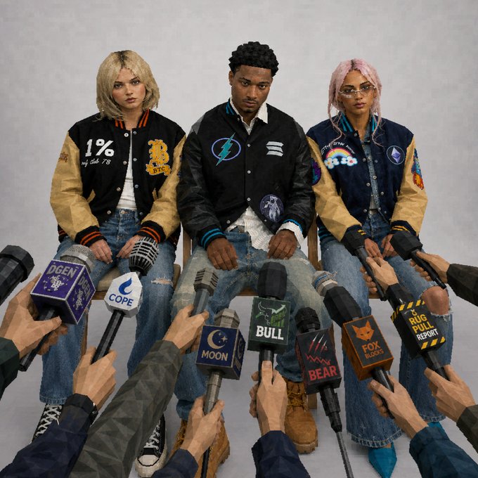 The image features a group of people sitting around each other, with one person wearing a black jacket that has a Bitcoin symbol on it. The others are dressed in various styles, including a girl with pink hair who is wearing a yellow jacket with a rainbow design. A man and woman are seated together, both wearing blue jackets. They appear to be engaged in conversation or listening to someone speaking into a microphone. The post includes the text "These @spenders_club BTC, SOL, and ETH jackets go hard." This suggests that they might be discussing their investment choices or preferences for certain cryptocurrencies.