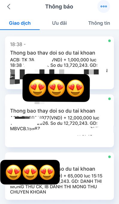 A Vietnamese mobile banking notification screen showing multiple account balance change notifications in VND (1,000,000, 12,000,000, and 65,000) with heart-eyes emoji overlays partially obscuring the text.