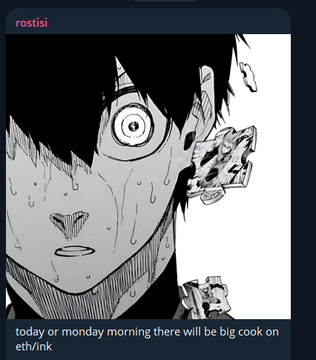 A black-and-white anime panel shows a shocked, sweating character with wide eyes and a grimace, with the username "rostisi" visible at the top. The caption below reads "today or monday morning there will be big cook on eth/ink," which humorously aligns with the post about being wrong about the "chain" but right about the "cook," as the character's distressed expression mirrors the poster's shock at the prediction outcome.