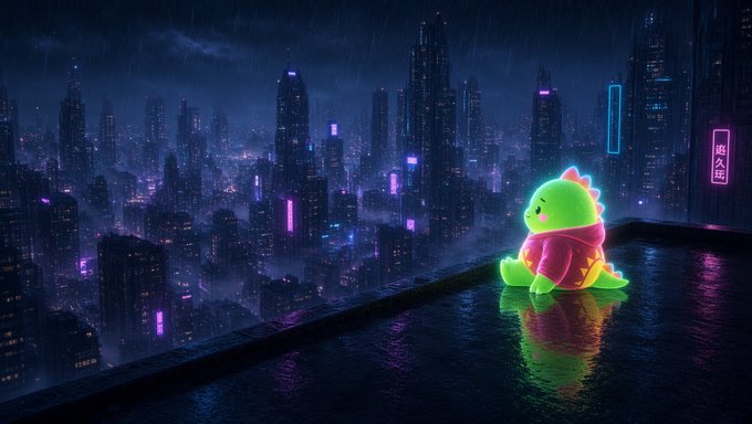 A glowing neon green dinosaur plushie sits on a rain-slicked rooftop ledge overlooking a futuristic cyberpunk cityscape illuminated by vibrant pink and blue neon lights, with a Japanese sign reading "永久床" (eternal bed/floor) visible in the distance. The image evokes the post's theme of Web3 technology bridging digital innovation with emotional, human-centered experiences, positioning the Sleepagotchi character as a soft, nostalgic symbol amid a cold, tech-driven metropolis.