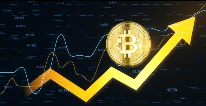 A golden Bitcoin coin sits atop a large upward-pointing arrow, set against a backdrop of stock market charts and fluctuating numerical values like 79.179, 62.150, and 39.901, symbolizing bullish momentum and price growth. The image visually reinforces the post's invitation to share Q4 Bitcoin predictions, evoking optimism and upward market trends for discussion.
