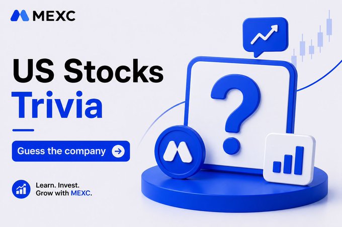 A promotional banner for MEXC's 'US Stocks Trivia' game with the prompt 'Guess the company' and the tagline 'Learn. Invest. Grow with MEXC.'