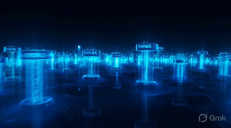 The image features a futuristic cityscape with numerous floating blue pillars, each topped with a sign that reads "HRAX", "DATIX", "AVAX", "ONDO", "RIVER", "FIL", "AKT", "HNT", and "IOTX". The city is illuminated by blue lights, creating an otherworldly atmosphere. The post about the floating pillars has been tagged with a hashtag (#GROK) to indicate its source or creator.