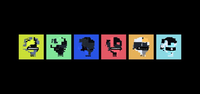 A row of six colorful pixel-art robot characters displayed on different colored backgrounds against a black canvas.
