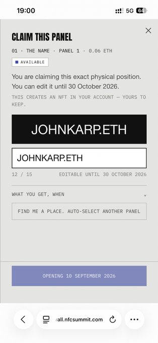 A mobile screenshot of a website interface for claiming an NFT panel, showing the name 'JOHNKARP.ETH' for 0.06 ETH, editable until 30 October 2026, with a button stating 'OPENING 10 SEPTEMBER 2026'.
