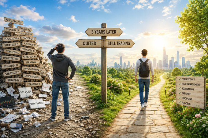 The image depicts two men standing at a crossroads signpost labeled "3 YEARS LATER" with arrows pointing to "QUITED" and "STILL TRADING." On the left, a man in a hoodie stands before a chaotic pile of discarded strategies labeled "NEW STRATEGY," "STRATEGY X," "NO PLAN," and "OVERTRADING," symbolizing the first trader who constantly changed his approach and ultimately quit. On the right, a man with a backpack walks confidently down a clear path toward a bright city skyline, next to a board listing disciplined habits like "✓ CONSISTENCY, ✓ RISK MANAGEMENT, ✓ JOURNALING, ✓ PATIENCE, ✓ DISCIPLINE, ✓ PROCESS," representing the second trader who improved himself and remained in the market. The visual perfectly illustrates the post's message about self-improvement versus strategy-hopping as the key to long-term trading success.