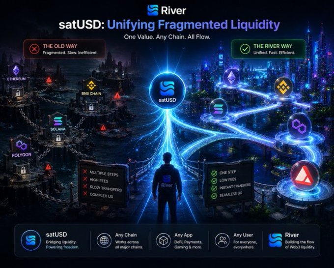 The image features a poster for a cryptocurrency called "River" with a man standing in front of a cityscape, symbolizing the flow of real audience engagement. The poster includes various elements such as logos, icons, and text that represent different aspects of the cryptocurrency world. One of the key points highlighted on the poster is the importance of real audience engagement for the cryptocurrency's success, which can be seen through the man standing in front of a cityscape. Additionally, there are mentions of "SatUSD" and "Unifying Fragmented Liquidity", possibly referring to the cryptocurrency or its underlying technology. The image also includes a caption that reads: "Grinding day and night with real audience but points still gatekept? Classic @River4fun Season 5 better reward actual distribution power, not just spam volume, creators are River's real liquidity flow $RIVER where the attention already flows".